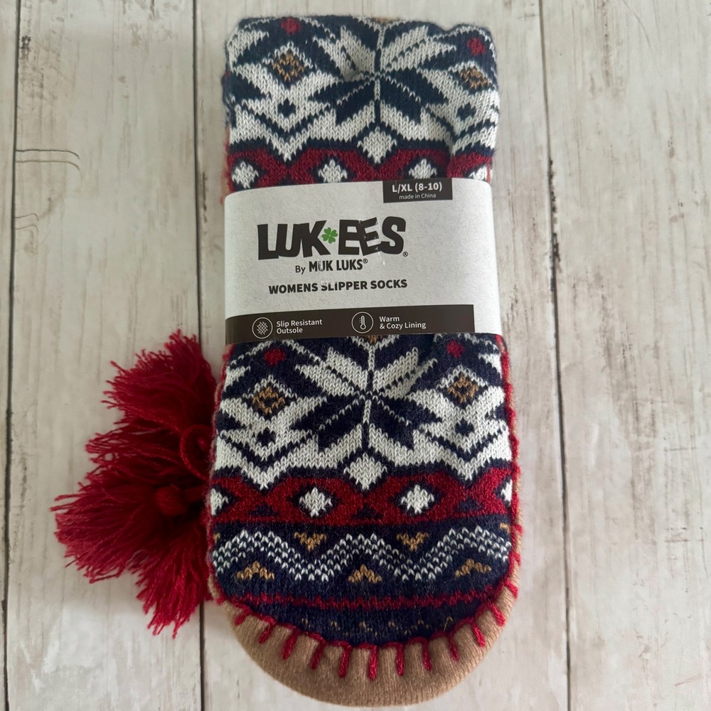 Muk Luks LUK-EES Womens Slipper Socks Nordic Snowflake Navy Red L/XL 8-10 NEW
